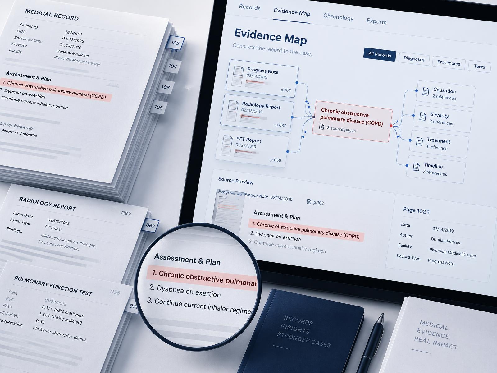 Medical records organized into a focused evidence map